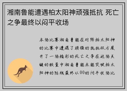 湘南鲁能遭遇柏太阳神顽强抵抗 死亡之争最终以闷平收场